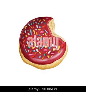 Watercolor red glazed donut with colorful sprinkles. Hand drawn realistic illustration isolated on white background. Top view, bitten, delicious. For Stock Photo