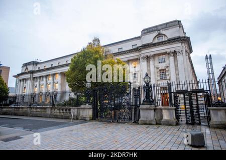 Stock image of the Royal Courts of Justice where the High Court and the Court of Appeal sit in Belfast, Northern Ireland. Stock Photo