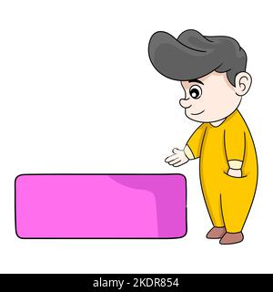 illustration of a little man showing a blank banner template for text info Stock Vector