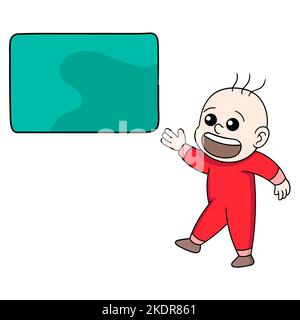 baby boy illustration pointing blank banner template for info text Stock Vector
