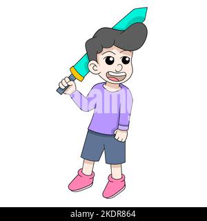 illustration of a laughing faced man carrying a knight excalibur sword Stock Vector