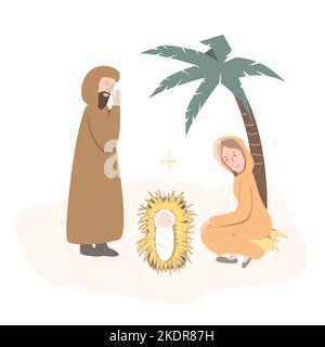 Christian Nativity scene. Virgin Mary, Jesus Christ, and Joseph. Merry Christmas greeting card. Manger scene with newborn Jesus Stock Vector