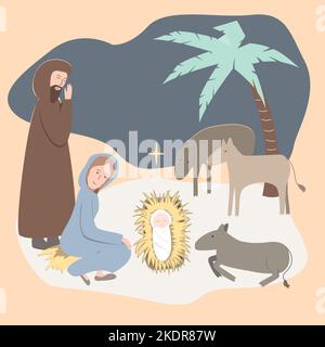 Flat illustration Christian Nativity scene. Virgin Mary, Jesus Christ, Joseph, animals, Bethlehem night and star. Merry Christmas greeting card Stock Vector