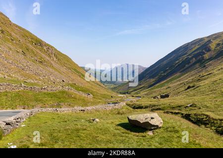 Kirkstone Pass.  The view back down the road towards Bridgend and Hartsop Stock Photo