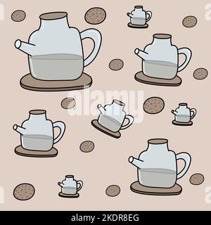 pattern teapots and cookies on a beige background Stock Vector