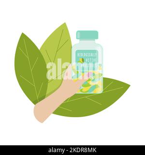 Biologically active additives female hand holds bottle with dietary supplements, with green leaves. Vector illustration Stock Vector