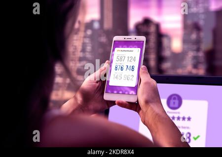 2FA Two factor authentication on laptop computer and mobile phone app. 2-step authentication, two steps Verification code password concept. Secure acc Stock Photo