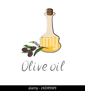 Olive oil in jug and sprig of olive. Flat isolated icon. Hand-written inscription. Vector illustration. Stock Vector