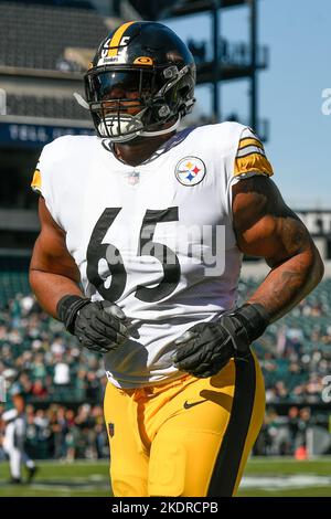 Pittsburgh Steelers offensive tackle Dan Moore Jr. (65) jogs to the line of  scrimmage during an NFL football game against the Jacksonville Jaguars,  Saturday, Aug. 20, 2022 in Jacksonville, Fla. The Steelers