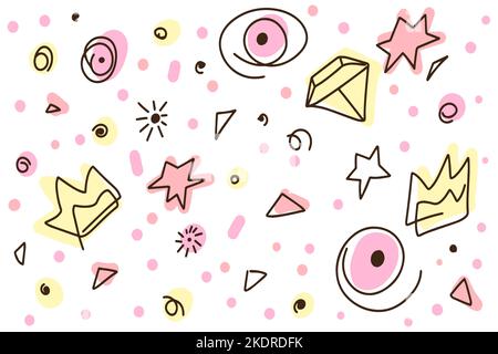 Crystals and crown, Doodle background, hand drawn set of cute doodles for decoration on a white background Stock Vector