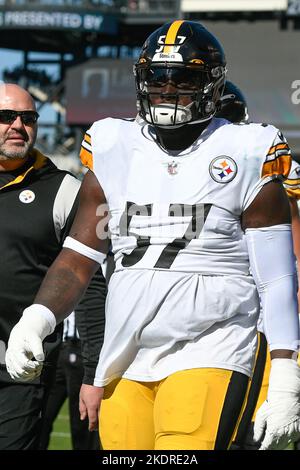 October 30, 2022, Philadelphia PA; Pittsburgh Steelers defensive tackle  Montravius Adams (57) warms up before the start of a game in Philadelphia,  Pennsylvania. Eric Canha/CSM/Sipa USA(Credit Image: © Eric Canha/Cal Sport  Media/Sipa USA Stock