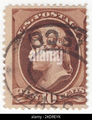 USA - 1873: An 10 cents brown postage stamp depicting portrait of Thomas Jefferson, American statesman, diplomat, lawyer, architect, philosopher, and Founding Father who served as the third president of the United States from 1801 to 1809. He was previously the second vice president under John Adams and the first United States secretary of state under George Washington. The principal author of the Declaration of Independence, Jefferson was a proponent of democracy, republicanism, and individual rights, motivating American colonists to break from the Kingdom of Great Britain Stock Photo