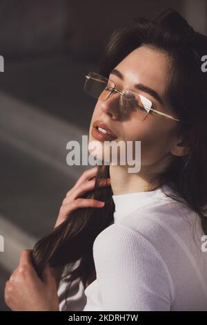 Photo of cheerful glad nice woman wear white blause and sunglass Stock Photo