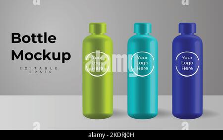 Design template of packaging mockup, realistic 3d green, light blue and dark blue empty glossy metal reusable water colorful bottle. Stock Vector