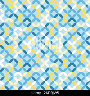 Blue geometric pattern. Interconnecting circles and ovals abstract retro fashion texture. Seamless pattern. Blue, white and yellow. Stock Vector