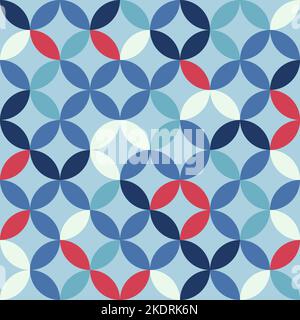 Blue geometric pattern. Interconnecting circles and ovals abstract retro fashion texture. Seamless pattern. Blue and red. Stock Vector