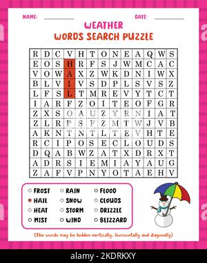 Word search game weather word search puzzle worksheet for learning english. Stock Vector