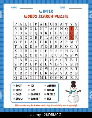 Word search game winter word search puzzle worksheet for learning english. Stock Vector