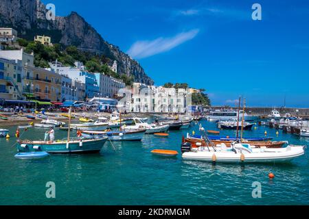 View of the main harbour sailing into it on the Island of Capri, Italy just off the cost of Naples and Sorrento Stock Photo