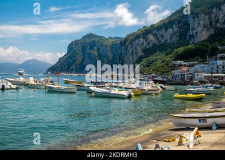 Capri harbor on the Island of Capri off the coast of Italy near Sorrento and Naples. Stock Photo