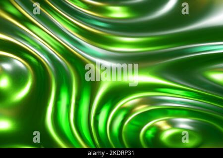 Green liquid molten metal abstract wavy background with light reflects. Wallpaper with glossy soft silk with waves. Elegant luxury vector illustration Stock Vector