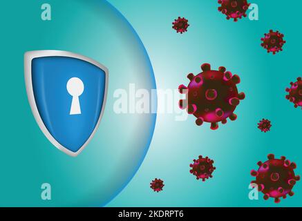Virus protection with shield concept, Security shield for virus protection. Vector shield on blue background. Stock Vector