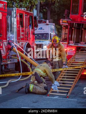 Los Angeles, CA, USA – November 3, 2022: Los Angeles Fire Department firefighters put out a house fire on Martel street in Los Angeles, CA. Stock Photo