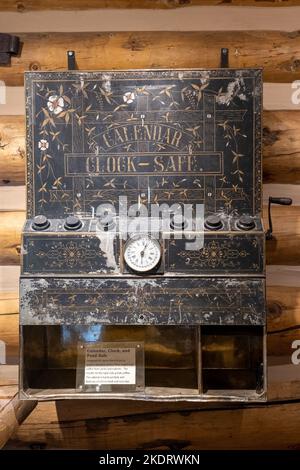 Genoa, NV, USA. 2022-09-17. Calendar clock and food safe, on display at the Mormon Station Historic Park, state monument Stock Photo