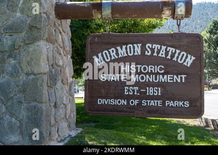 Genoa, NV, USA. 2022-09-17. Sign, the Mormon Station Historic Park, state monument Stock Photo