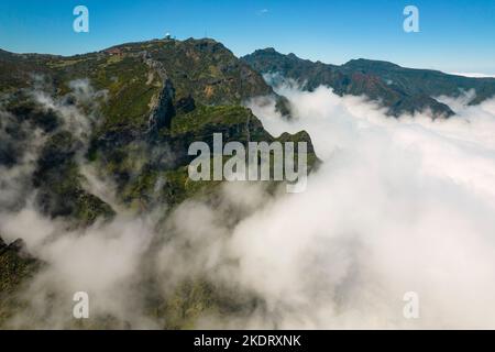 The view of the clouds around the radar dome on Pico do Arieiro. Madeira Island, Portugal. Stock Photo