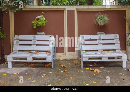 White Bench Seats Made From Used Cargo Pallets Upcycling Stock Photo