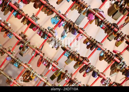 Many love padlocks locked on rusty iron gate in singapore  Stock Photo
