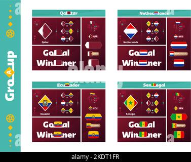 Football 2022 cup Group a netherlands, senegal, ecuador, design media kit graphic collection. 2022 Football cup or Soccer Championship design elements Stock Vector
