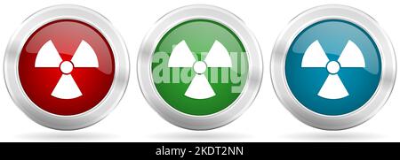 Radiation vector icon set. Red, blue and green silver metallic web buttons with chrome border Stock Vector