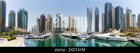 Dubai, United Arab Emirates - May 24, 2021: Dubai Marina Yacht Harbour Skyline Architecture Vacation Panorama In Dubai, United Arab Emirates. Stock Photo