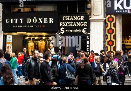 City doner and Currency exchange shops on Istiklal street - the busy street in Istanbul, Turkey Stock Photo