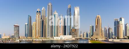 Dubai, United Arab Emirates - May 23, 2021: Dubai Marina And Harbour Skyline Architecture Luxury Vacation In Arabia Panorama In Dubai, United Arab Emi Stock Photo