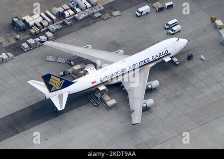 Singapore Airlines Cargo Boeing 747 cargo aircraft parked. Airplane for freighter transport of Singapore Airlines. Plane 747-400F registered as 9V-SFO Stock Photo