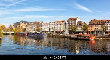 Strasbourg, France - October 29, 2021: Historic Houses On The River Ill Water Panorama Alsace In Strasbourg, France. Stock Photo