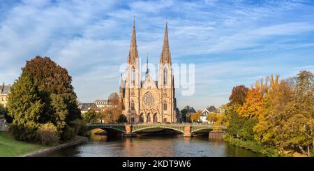 Strasbourg, France - October 29, 2021: Church Saint-Paul On The River Ill Water Panorama Alsace In Strasbourg, France. Stock Photo