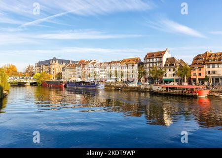 Strasbourg, France - October 29, 2021: Historic Houses On The River Ill Water Alsace In Strasbourg, France. Stock Photo