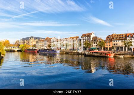 Strasbourg, France - October 29, 2021: Historic Houses On The River Ill Water Alsace In Strasbourg, France. Stock Photo