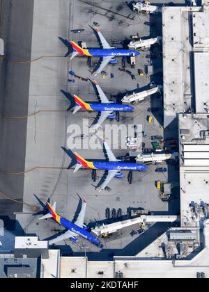 Southwest Airlines Terminal 1 at Los Angeles International Airport. Aerial view of Southwest Airlines Boeing 737 aircraft lined up at LAX Airport T1. Stock Photo