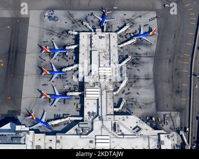 Southwest Airlines Terminal 1 at Los Angeles International Airport. Southwest Airlines Boeing 737 parked at LAX Airport T1. Stock Photo