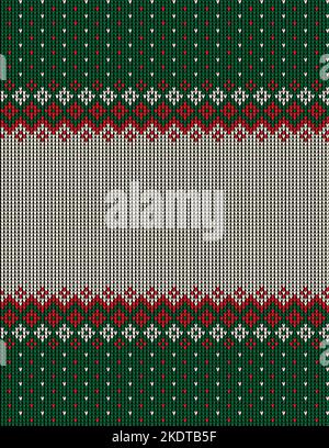 Ugly sweater at Buffalo Plaid Merry Christmas and Happy New Year greeting card frame border . illustration knitted background seamless pattern with fo Stock Vector
