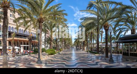 Alicante, Spain - February 15, 2022: Alicante Alacant Boulevard Palm Avenue Esplanada D'Espanya Vacation Travel City Panorama In Alicante, Spain. Stock Photo