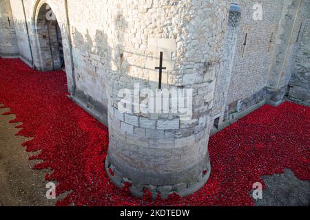 A river of ceramic poppies in the moat around the Tower of London. Stock Photo