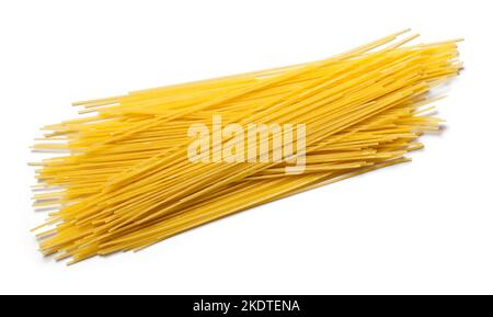 Small Pile of Uncooked Spaghetti Noodles Cut Out on White. Stock Photo