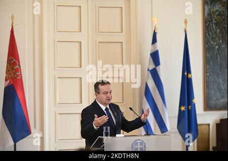 Athens, Greece. 08th Nov, 2022. First deputy Prime Minister of Serbia and Minister of Foreign Affairs Ivica Da?i?, during the statements with Greek Minister of Foreign Affairs Nikos Dendias. (Photo by Dimitrios Karvountzis/Pacific Press) Credit: Pacific Press Media Production Corp./Alamy Live News Stock Photo