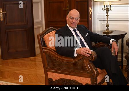 Athens, Greece. 08th Nov, 2022. Greek Minister of Foreign Affairs Nikos Dendias, during the meeting with First deputy Prime Minister of Serbia and Minister of Foreign Affairs Ivica Da?i?, (Photo by Dimitrios Karvountzis/Pacific Press) Credit: Pacific Press Media Production Corp./Alamy Live News Stock Photo